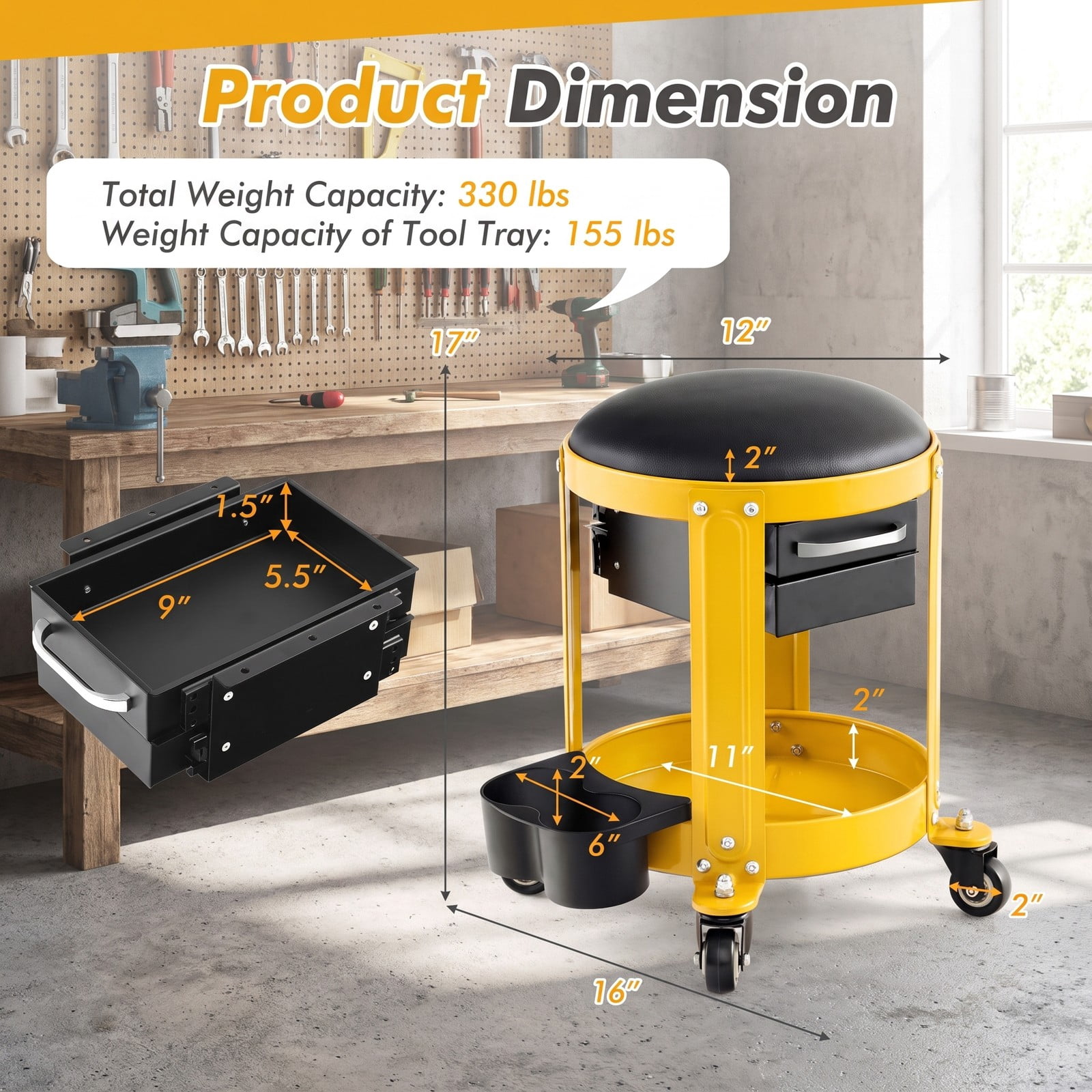 Biotree Rolling Mechanic Stool with Removable Padded Seat, 2 Drawers and Tool Tray, Height Adjustable Shop Garage Creeper Seat on Wheels, 330 lbs Capacity, Yellow