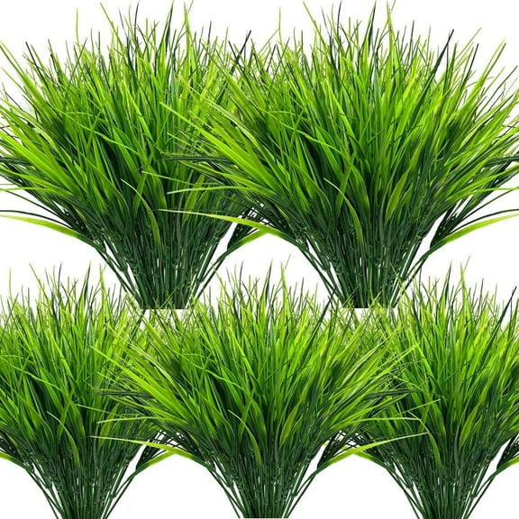 Morttic 8 Pack Artificial Outdoor Green Grass Plants UV Resistant Fake Greenery Plastic Grasses Faux Shrubs Grass for Porch Patio Pots Outside Decorations