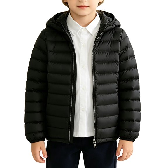 AUDeals Boys Girls Packable Puffer Jacket, Kids Hooded Lightweight Coat with Storage Bag, Warm Windproof Polyester Outerwear (Black, 5-6 Years)