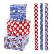 FIEHALA Baseball Wrapping PriNst Paper Rolls - 3 Mini Rolls - Sport Wrapping Paper Roll for Boys Birthday Game - 17 X 120 Inch Per Roll