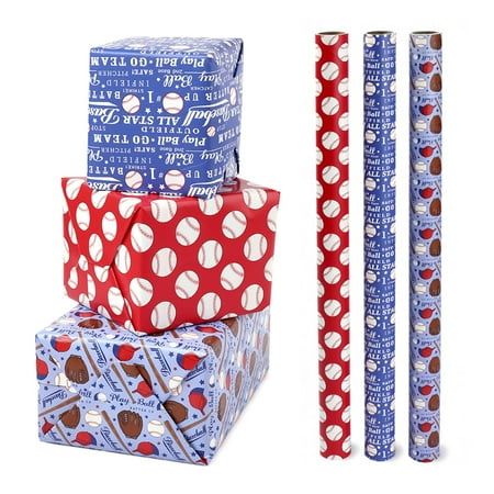 FIEHALA Baseball Wrapping PriNst Paper Rolls - 3 Mini Rolls - Sport Wrapping Paper Roll for Boys Birthday Game - 17 X 120 Inch Per Roll