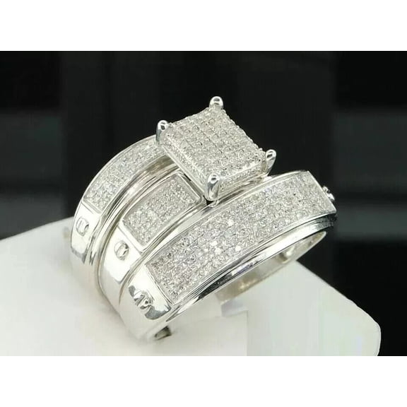 TAAPSEE JEWELS His Her Trio Engagement Cluster Ring Set 2.5Ct Cubic Zirconia 14k White Gold Plated