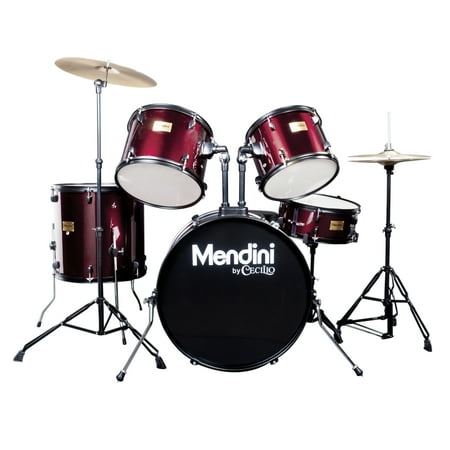 Mendini by Cecilio Complete Full Size 5-Piece Adult Drum Set w/ Cymbals Pedal Throne Sticks ,Metallic Wine Red MDS80-WR
