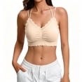 thumbnail image 3 of Feancey Women's Lace Bralette Criss Cross Back Wireless Bras Ruffle Hem Casual Lingerie Bra Comfy Breathable Camisole Bra for Date Night Beige Free Size, 3 of 7