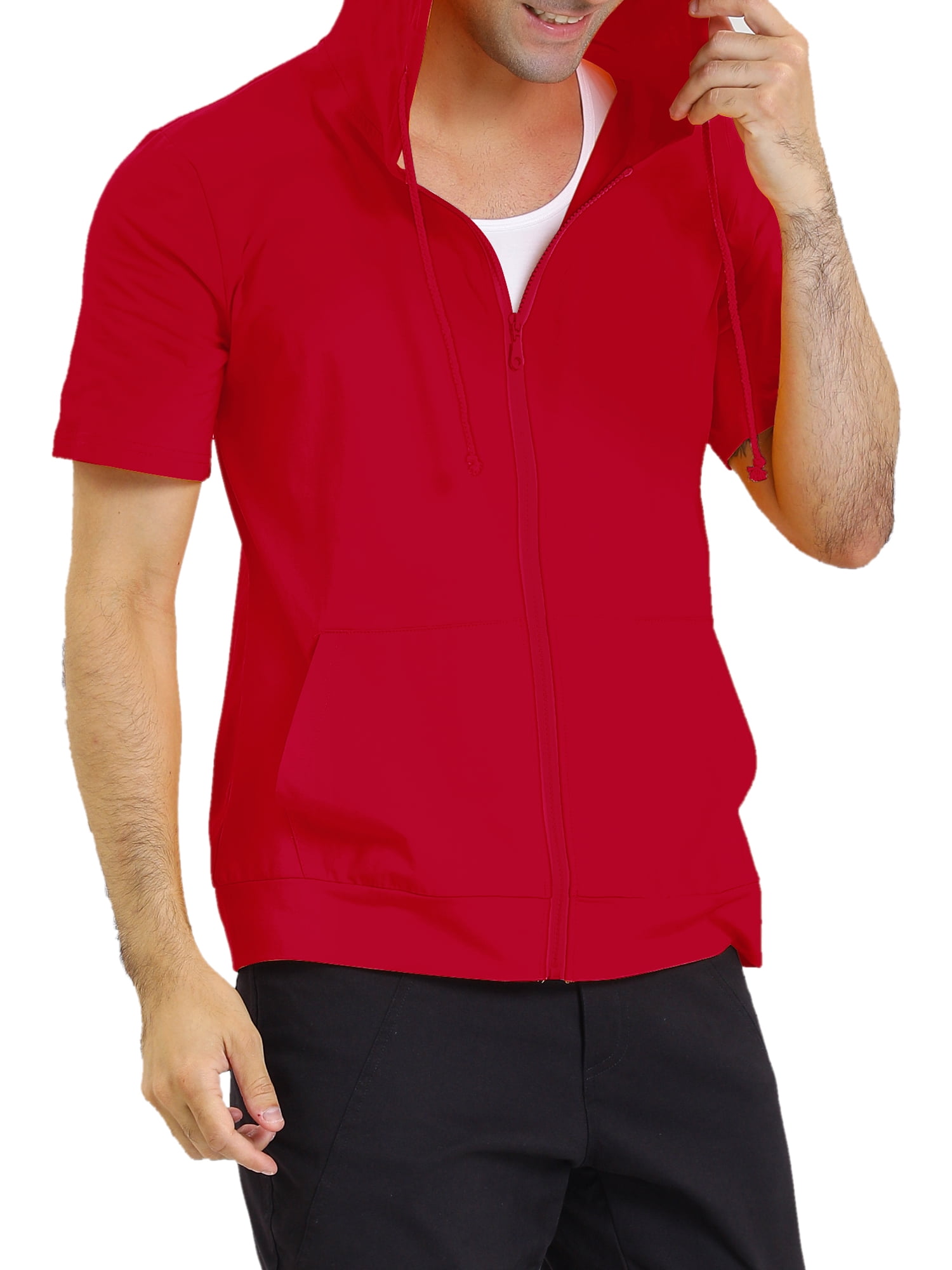 Unique Bargains Men's Short Sleeve Solid Color Zip Up Sport Hoodies 2XL Red