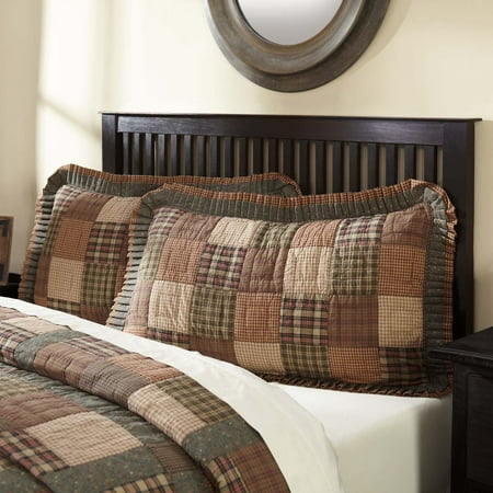 Hill Quilted Sham - Dark Olive Green Primitive Bedding Cinnamon Plaid Cotton Hand Quilted Patchwork King Sham