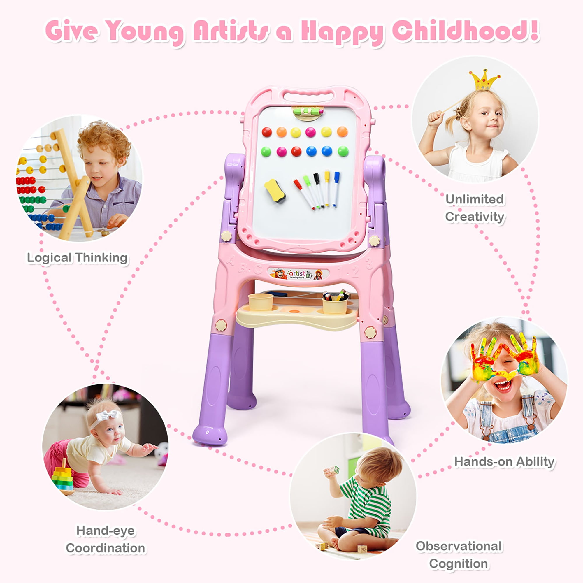 Costway Height Adjustable Kids Art Easel Magnetic Double Sided Board w/ Accessories Pink