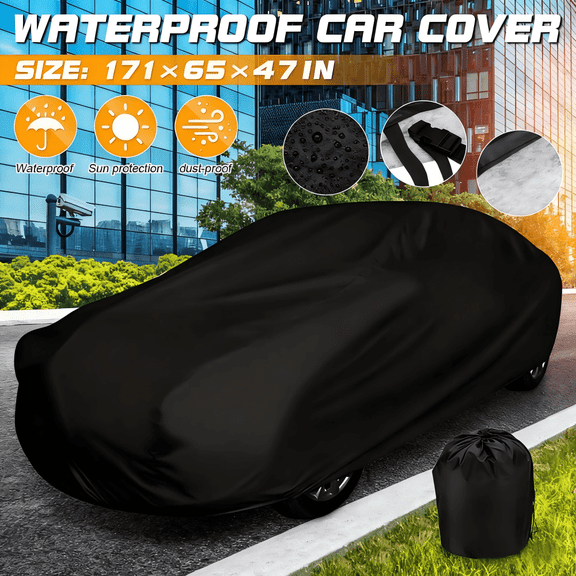 PEVA Waterproof All Weather Car Cover with Cotton Fleece Lining, Heavy-Duty Winter Outdoor Cover for Medium Cars Black, Windproof Strap & Storage Bag，171"×65"×47"