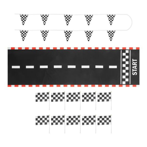 GOOHOCHY 1 Set Racing Car Party Decorations Supplies Racing Floor Running Runner Pennant Banner Checked Race Flags with Stick