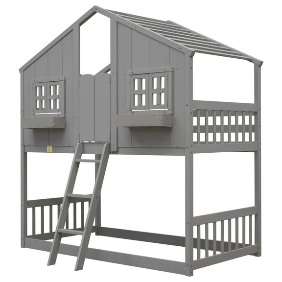 CATLK Twin over Twin Playhouse Bunk Bed - Themed Bed with Roof, Window, Door & Safety Guardrails, Includes Ladder & Window Box, Grey