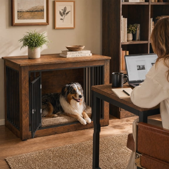 Dog Crate Furniture End Table 38 in Wooden Kennel,Medium Dogs, Modern Side Table Design with Chew-Resistant Wood & Metal Frame, Double Doors with Safety Lock, Easy Assembly, Charred Finish
