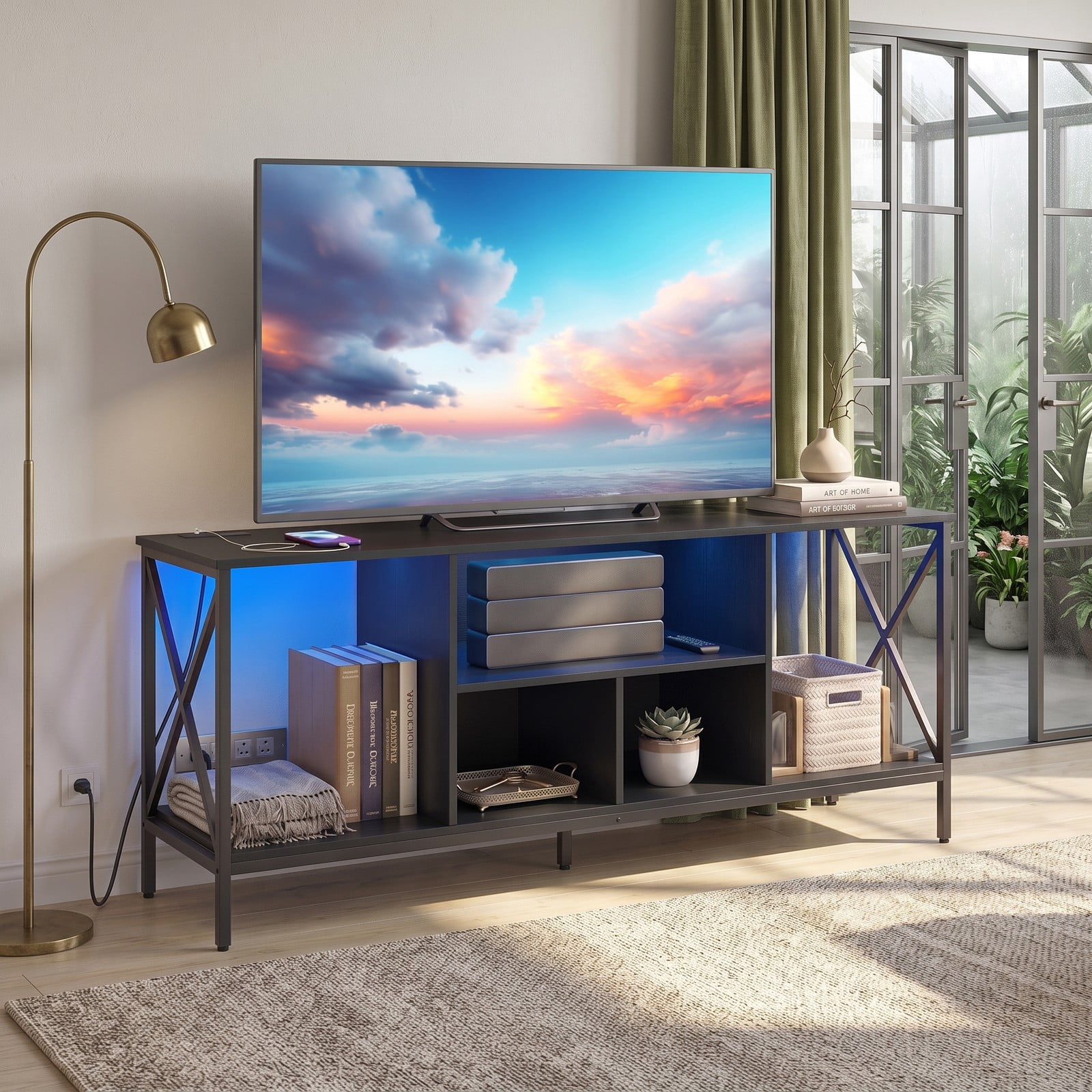 Furnibear LED TV Stand for 65 Inch TV, Entertainment Center with Power Outlets and USB Charging, Modern Media Console with 5 Open Shelves and X-Frame for Living, Black