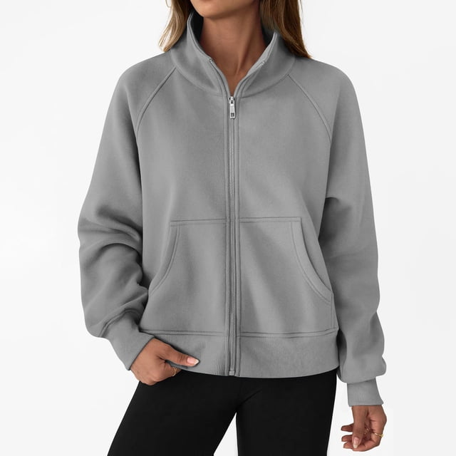 Neewe Women's Plain Casual Long Sleeve Lapel Zipper Sweatshirt Loose Jackets Tops With Pocket Daily
