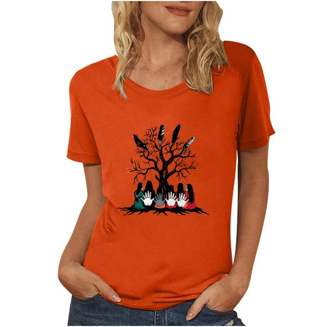 Dadaria Chemise Orange pour Femmes Manches Courtes T-Shirt Col Rond Été Chandail Blouses 2TG