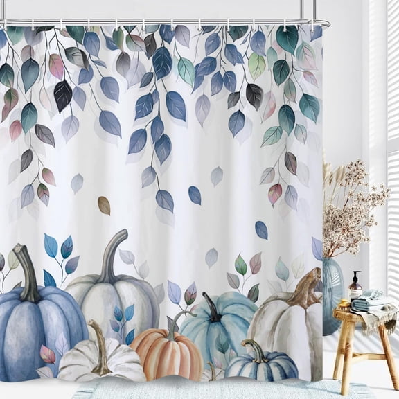 Blue Pumpkin Shower Curtain Autumn Fall Leaves Bathroom Decor with Hooks 71x71 inches