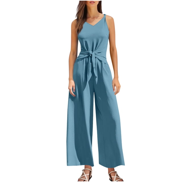 Jumpsuit for Women, Solid-Color V-Neck Sleeveless Wide-Leg Twisted Design, Black, Regular Length, Hand Wash Only