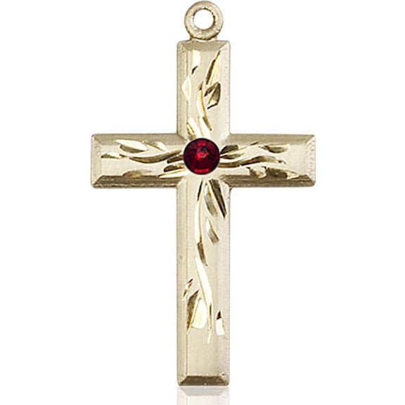 14kt Yellow Gold Cross Medal with 3mm January Red Swarovski Crystal 1 1/8 x 5/8 inches