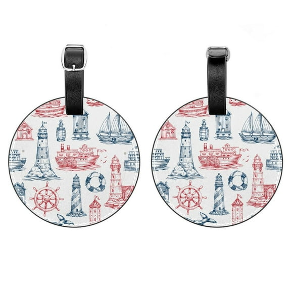 2Pcs Leather Round Nautical Elements Cruise Luggage Tag with Privacy Cover and Name ID Tag - Suitable for Travel Handbags Backpacks School Bags Luggage Tags