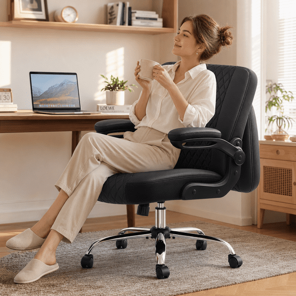 COOLHUT Criss Cross Chair with Flip-Up Arms and Wheels, Moveable Back Cushion Wide Seat Office Desk Chair, Height Adjustable Swivel Cross Legged Chair for Home Office, Study, Vanity, Black