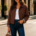 thumbnail image 2 of JUUNthy Women's Cropped Trench Jacket, Lapel Collar Button Front Plaid Lined Casual Fashion Outer Coat Khaki S, 2 of 15