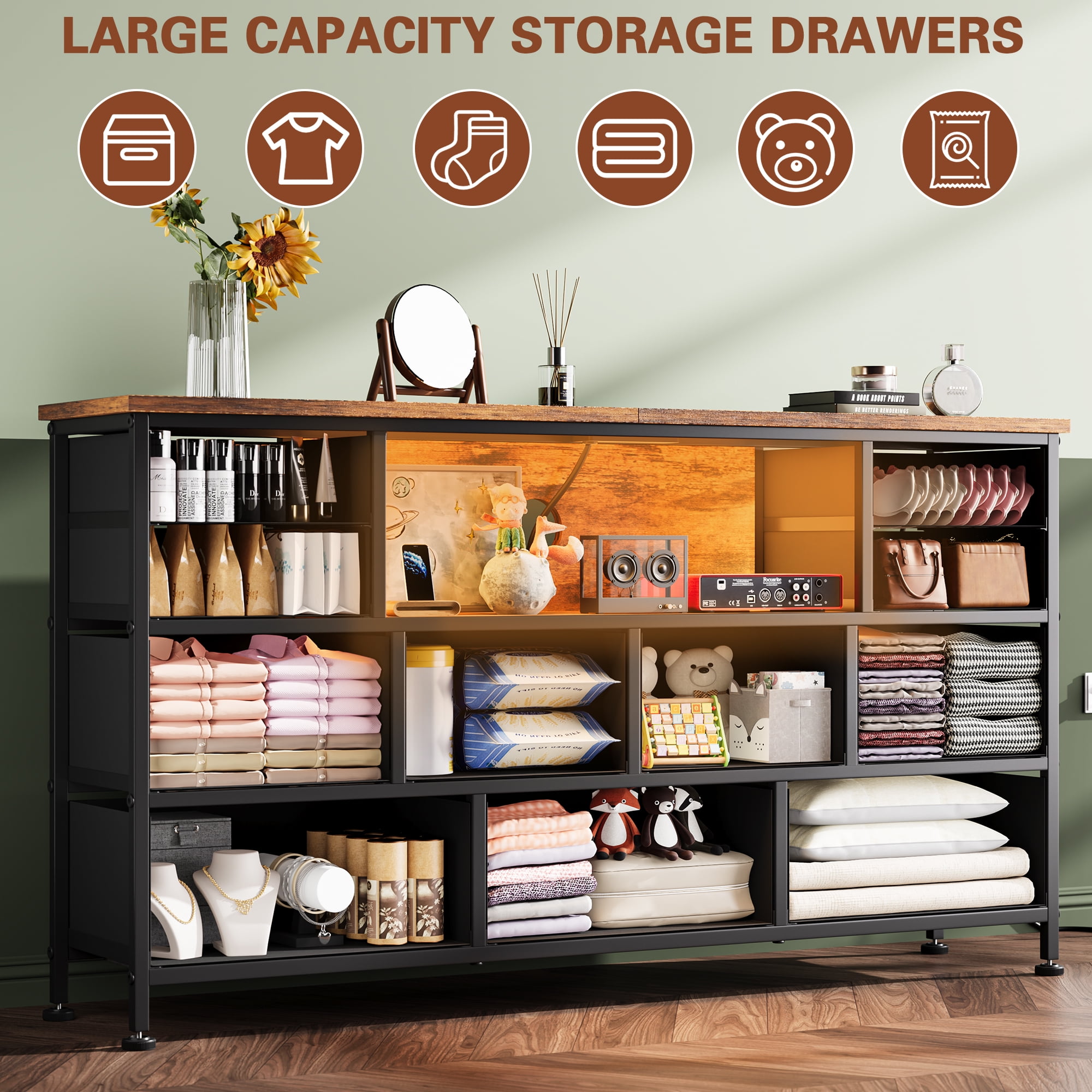 GIKPAL Long Dressers for Bedroom with LED Lights, Dresser TV Stands for 60 inch TV with 11 Brown Drawers and Power Outlets, Fabric Chest of Drawers for Bedroom Furniture, Living Room, All Age_group  (图3)