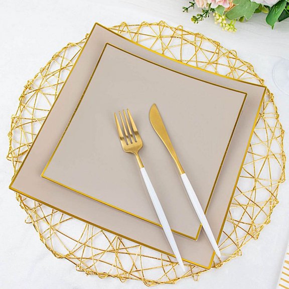 Balsa Circle 10 Concave Taupe 10" Square Disposable Salad Dinner Plastic Plates Gold Trim Party Events Decorations