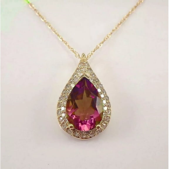 2Ct Pear Cut Ruby & Diamond Teardrop Halo Pendant Chain 14K Yellow Gold Plated
