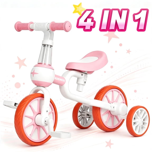 KORIMEFA 4 in 1 Toddler Tricycle for Ages 1-4 Boy Girl, Toddler Bike with Training wheels, Kids Trikes for Balance Training Baby Bike Infant Trike, Pink