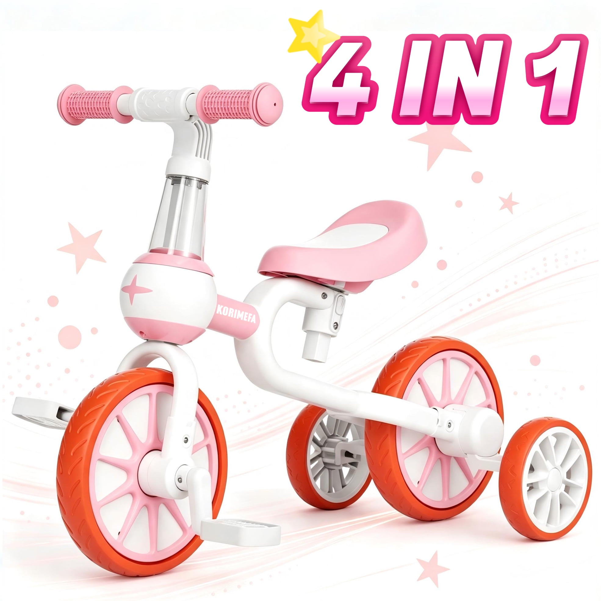 KORIMEFA 4 in 1 Toddler Tricycle for Ages 1-4 Boy Girl, Toddler Bike with Training wheels, Kids Trikes for Balance Training Baby Bike Infant Trike, Pink