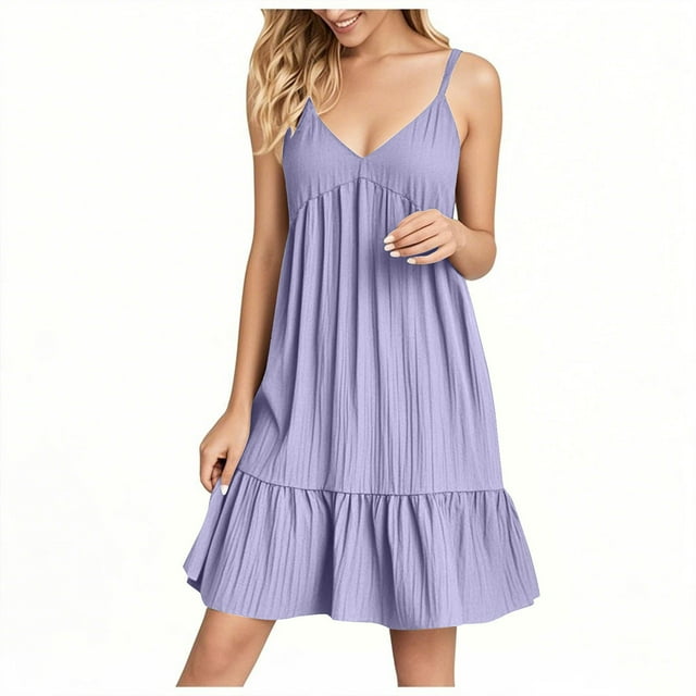 VEKDONE Ladies' Summer V-neck Strap Solid Color Sundress Purple XL