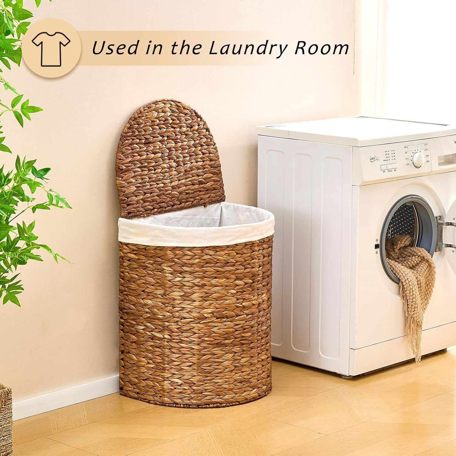 Casa Pura Furniture Espresso Half Round Wicker Laundry Hamper with Lid and 2 Removable Liner Bags, Handwoven Water Hyacinth Dirty Clothes Storage Basket