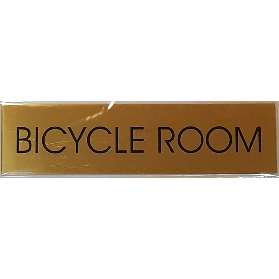 BICYCLE ROOM SIGN - Gold BACKGROUND (ALUMINIUM - 2 x7 3/4) WITH SELF ADHESIVE STICKER FOR INDOOR USE