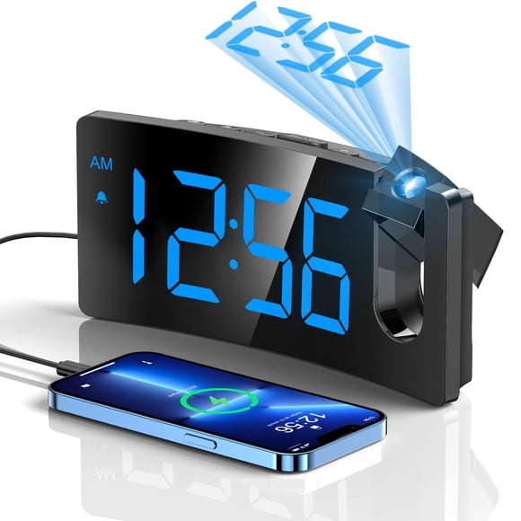Réveil Projecteur, Horloge Numérique avec Projecteur Rotatif 180A, Variateur de Luminosité à 3 Niveaux, Affichage LED Clair, Chargeur USB, Volume Progressif, Répétition 9min, 1224h, Réveil Numérique