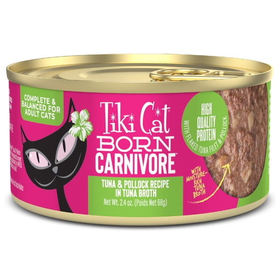 Tiki Cat Born Carnivore Wet Cat Food, Tuna & Pollock Recipe in Broth, 2.4 oz. Can