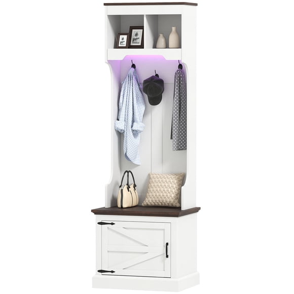 White Wood Grain 3-in-1 Hall Tree with LED Bench & Shoe Storage – Entryway Coat Rack for Living Room, Bedroom & Mudroom – 70.9" Height