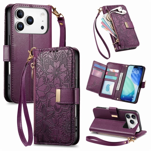 New Phone Case for iPhone 17 Pro,Flower Pattern Embossed Leather Zipper Card Slots Shockproof Flip Stand Crossbody Wallet Case Women Men Cover Strap , Purple