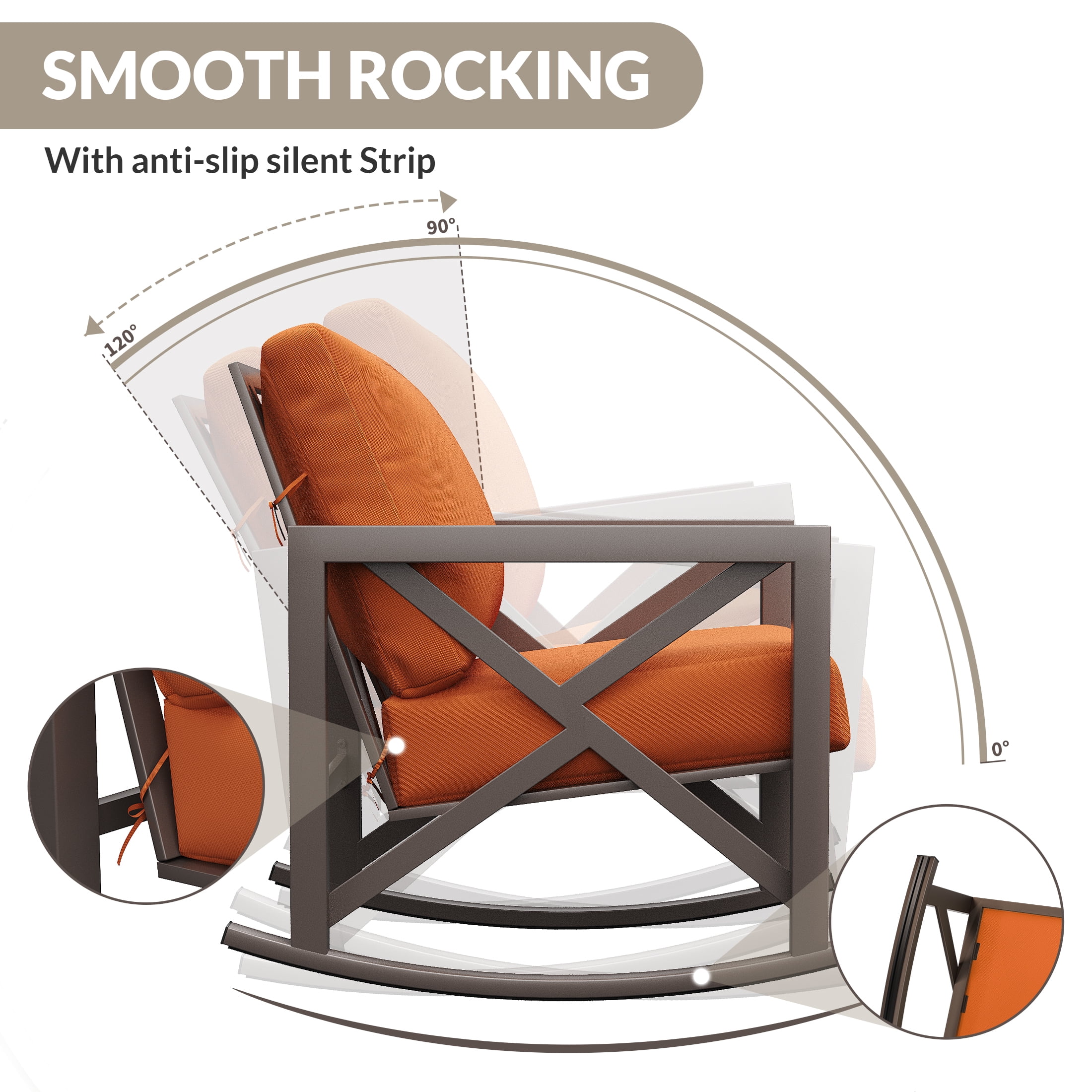UDPATIO Rocking Chair Bistro Set, 3 Piece Outdoor Patio Furniture Set with 2 Rockers and 1 Metal Coffee Table with Thick Cushions for Porch, Backyard, Poolside, Orange