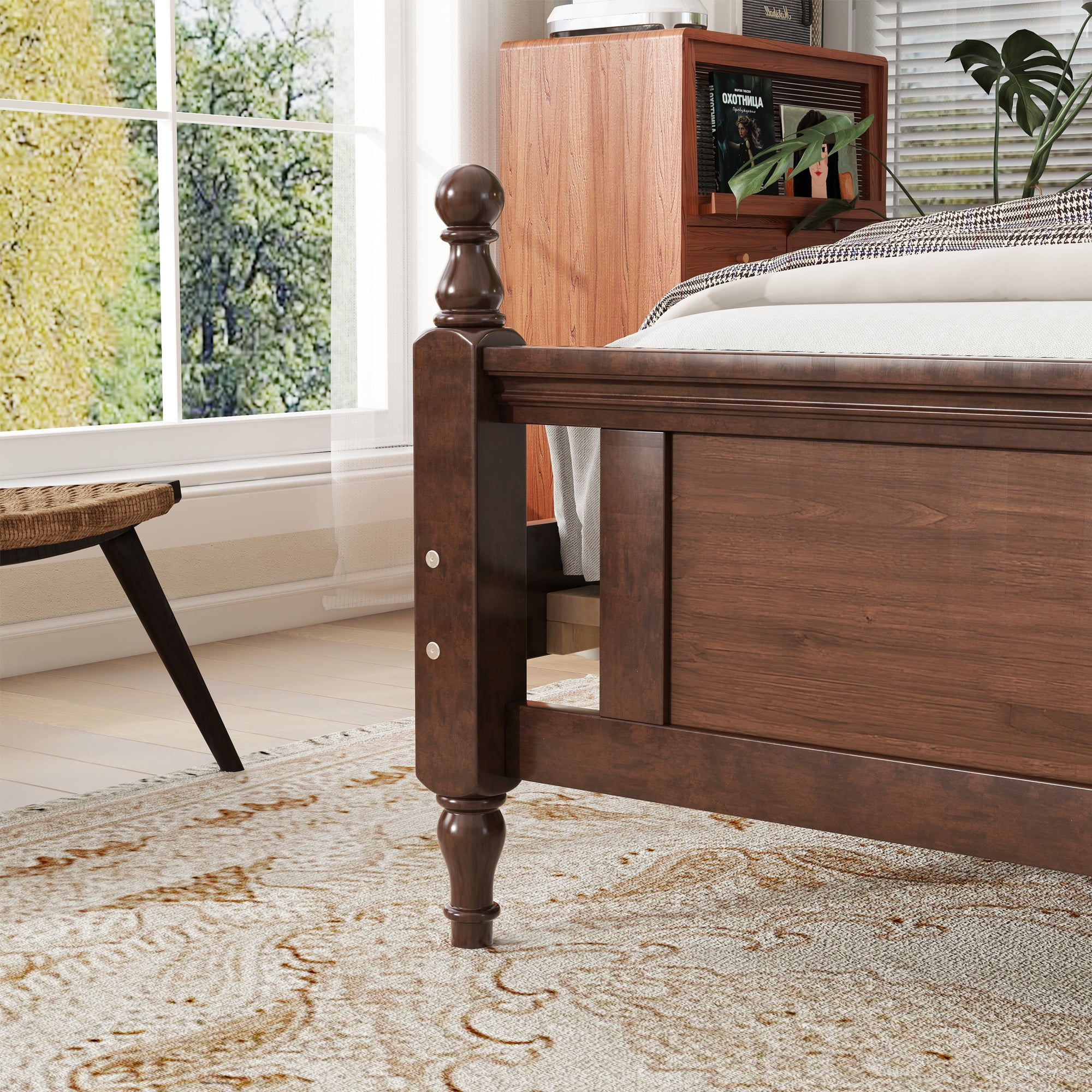 Sailvan Queen Pine Wood Platform Bed with Upholstered Headboard and Panel Footboard Walnut