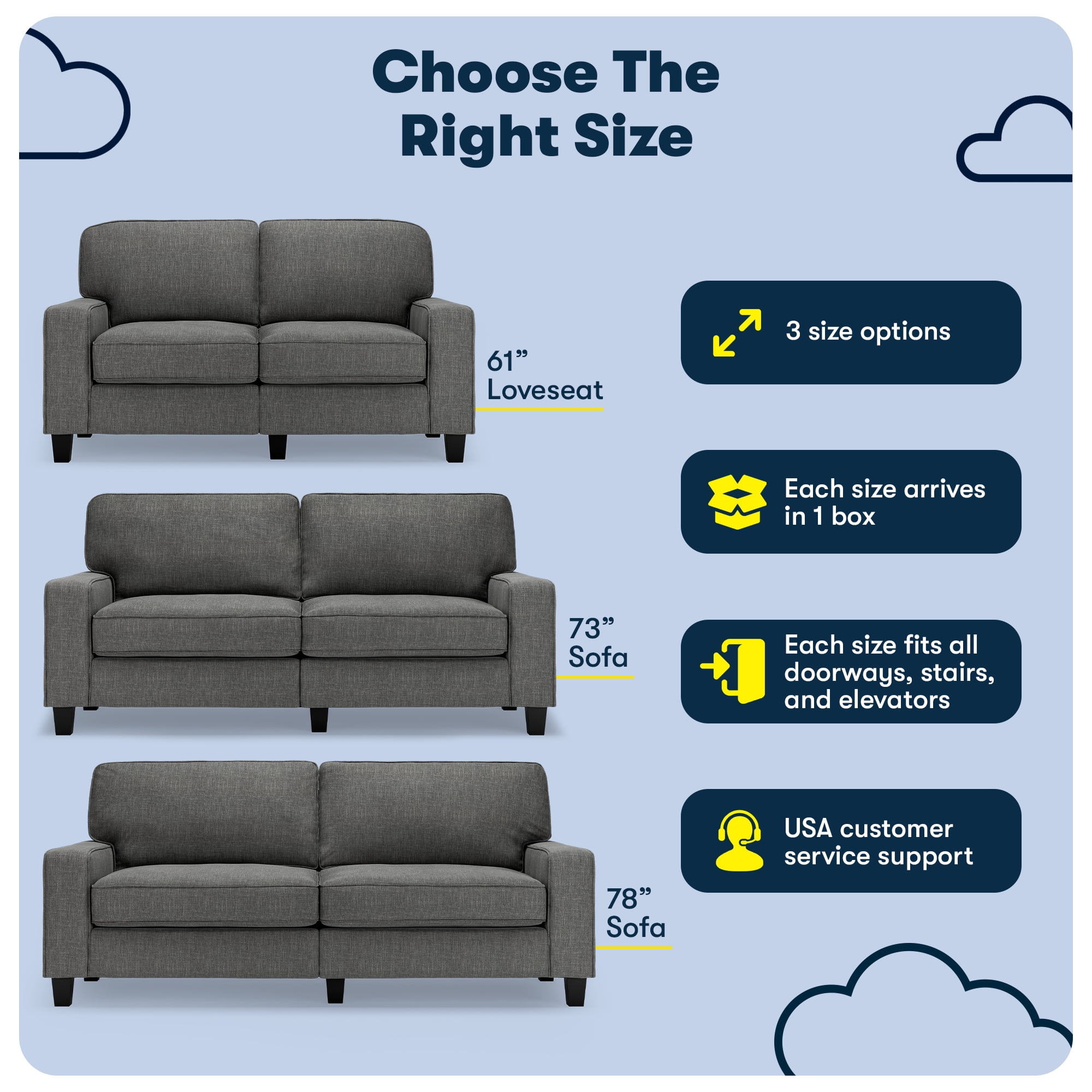 Serta Palisades 61" Track Arm Sofa, Easy Care Polyester, Loveseat or Couch for Small Spaces, Gray