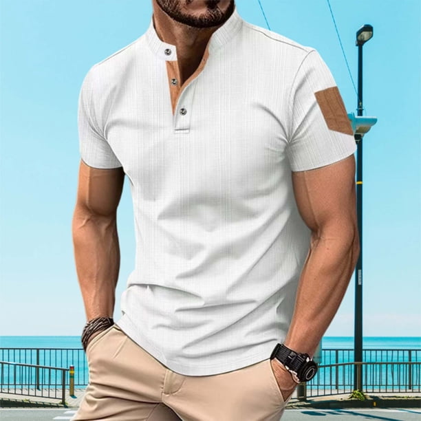 pstuiky camisetas de hombre, Blusa informal de color liso con botones y bolsillos, manga corta y cuello alto para hombre camisas casuales para hombre xxxl