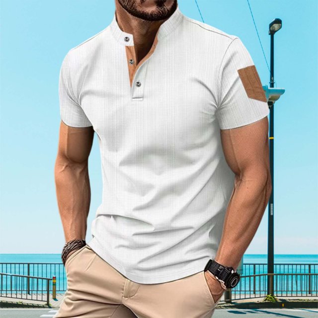 pstuiky camisetas de hombre, Blusa informal de color liso con botones y bolsillos, manga corta y cuello alto para hombre camisas casuales para hombre xxxl