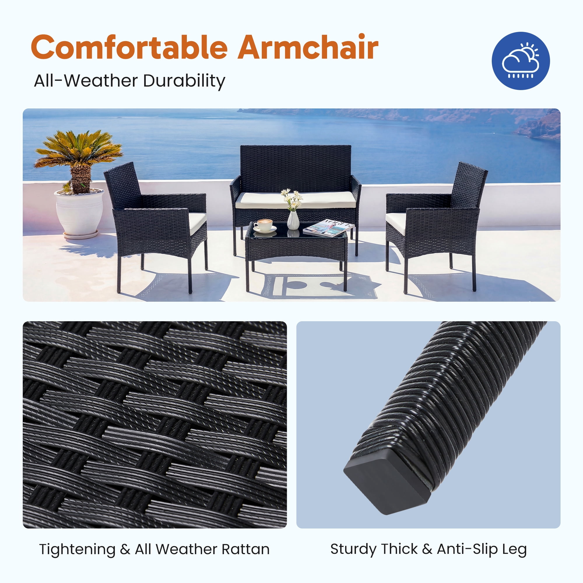 EDX 4 Piece Patio Furniture Set, All-Weather PE Rattan Conversation Set with Black Tempered Glass Coffee Table, Washable Cushions, for Porch Garden Backyard, Black/Beige