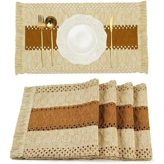 Boho Placemats Set of 4, Macrame Table Decor and Farmhouse Style Placemats Natural Cotton Burlap, for Dining Table, Beige