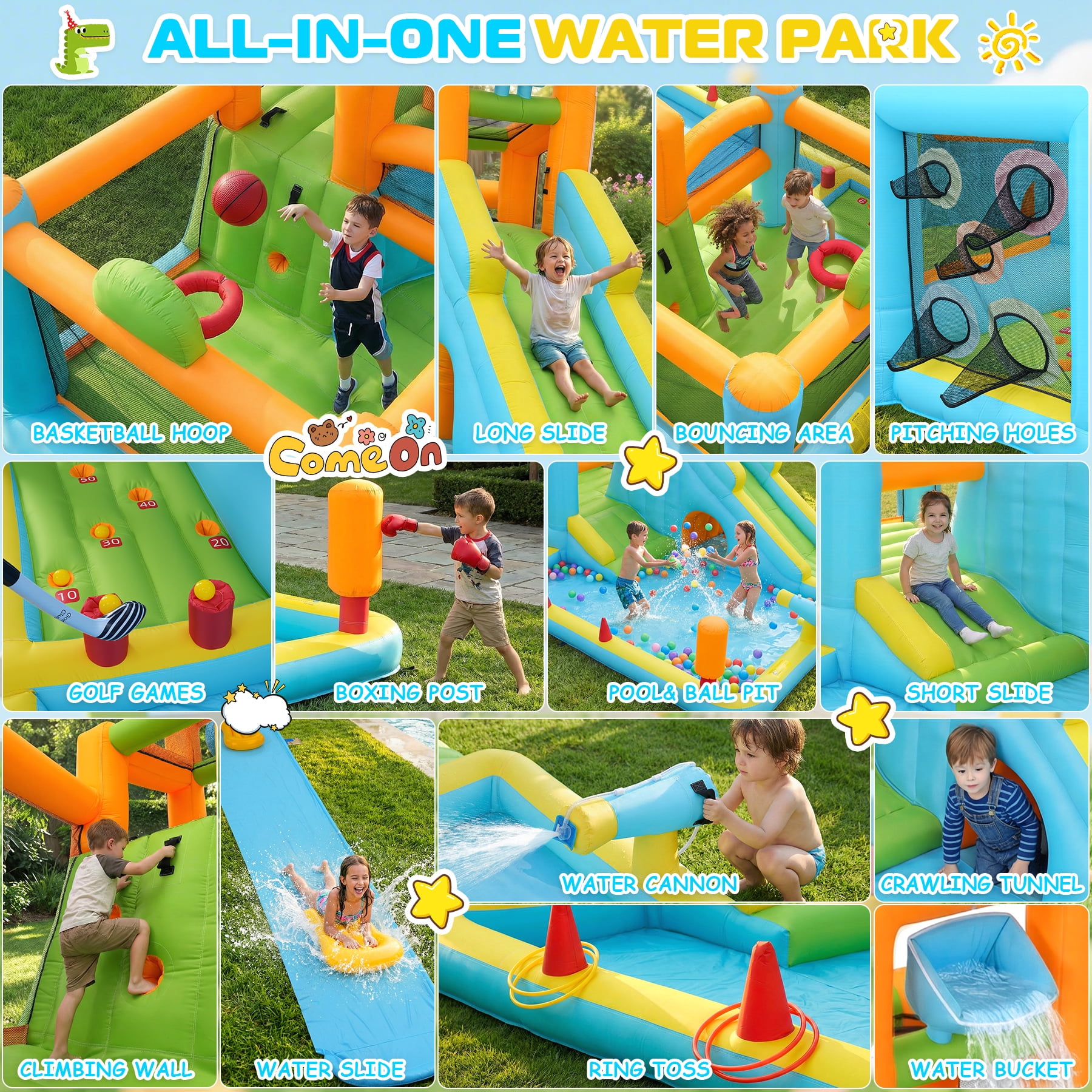 Adnoom 17-in-1 Inflatable Water Slide Bounce House for Kids 3-12, 16x11ft Large Golf Water Park with 16ft Detachable Slide, Splash Pool, Tunnel, Climbing, Jumper Castle Backyard w/550W Blower