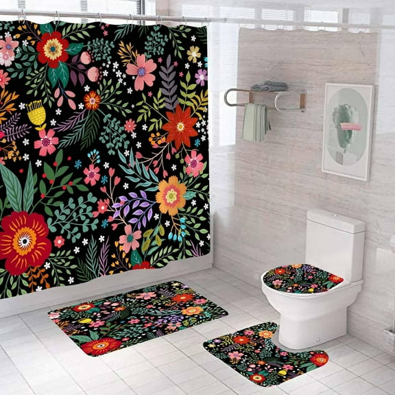 4PCS Boho Colorful Floral Shower Curtain Sets with Rugs, Waterproof Fabric Black Shower Curtain, Modern Aesthetic Spring Red Pink Flower Green Leaves Plant Botanical Wildflower Bathroom Decor