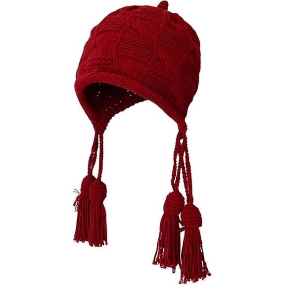 Red Knit Hat with Tassel Melt The Ice Red Hat Tassel Warm Hand Knitted Skiing Beanie Fashion Vintage Crochet Slouchy Cap(red)