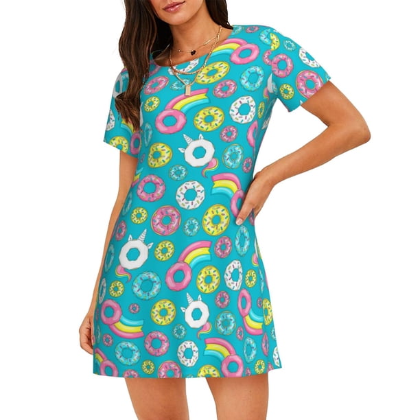 Fotbe Donut Bata de Dormir para Mujer con Estampado, Camisón de Algodón de Manga Corta, Ropa de Dormir Casual