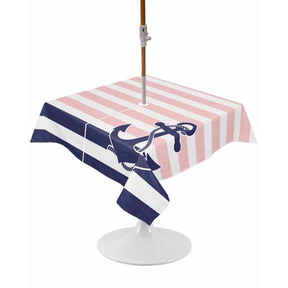 Outdoor Tablecloth with Umbrella Hole and Zipper Pink Stripes Square Tablecloths 54x54 Inch Waterproof Table Cloths Navy Blue Nautical Anchor Patio Table Cover for Outdoor Tables Picnic BBQS Party