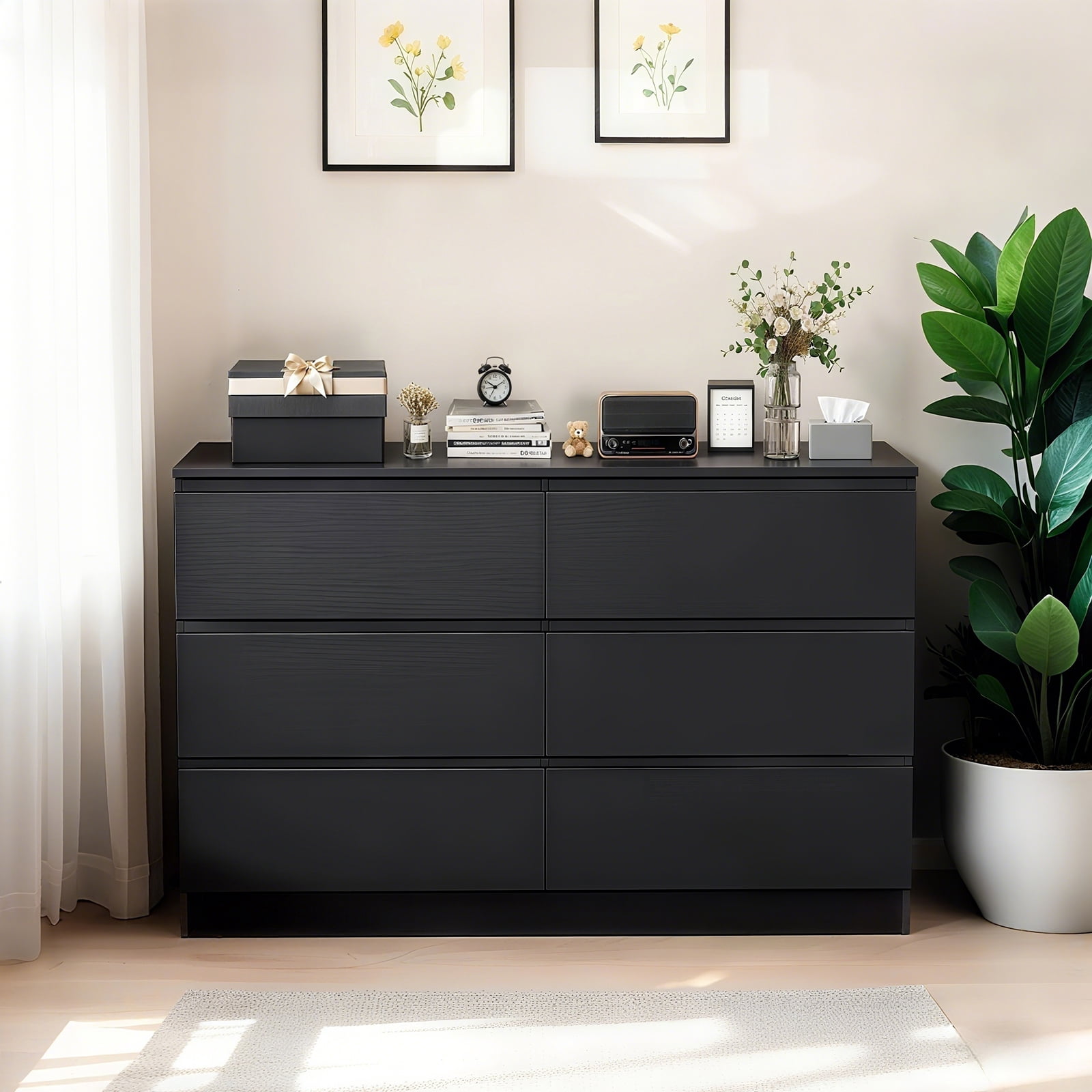 Miniyam 47.2" Black 6 Drawer Wide Dresser for Bedroom, Modern Chest of Drawers with Smooth Slide Rails, Wooden Storage Cabinet for Living Room or Entryway