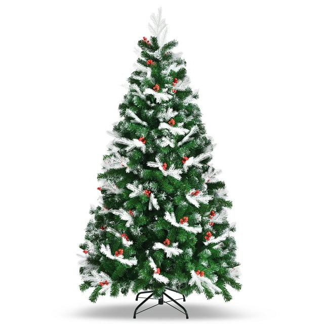 Costway Arbre de Noël à Charnière Enneigé Non Éclairé de 6 Pieds avec 818 Pointes Mélangées et Baies Rouges